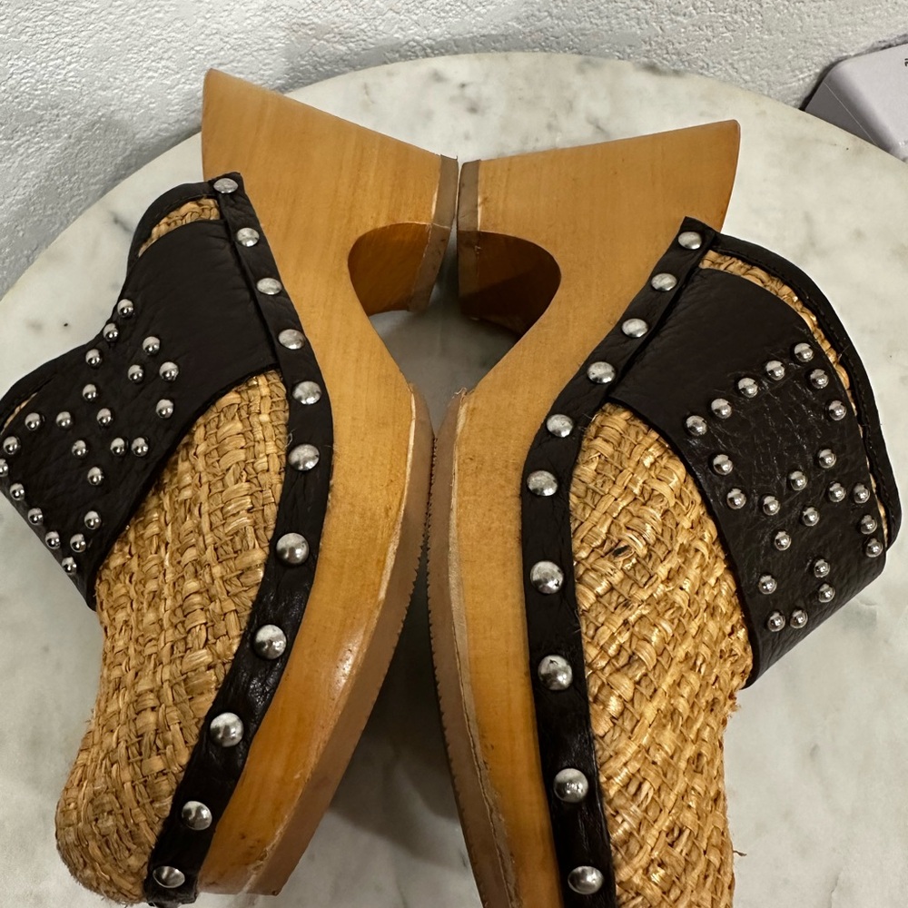 Dolce & Gabbana, VINTAGE , Rafia w/ Leather, Logo & Wood Platform Clogs, Sz  36 - Picture 9 of 13